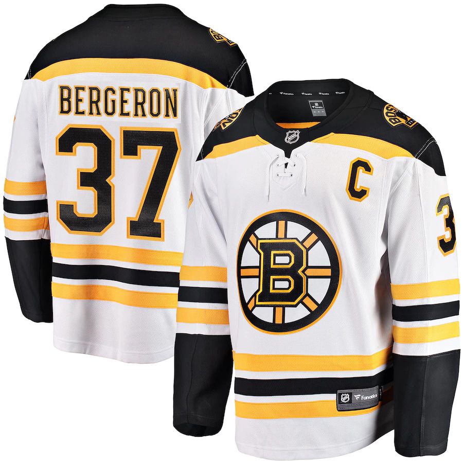 Men Boston Bruins #37 Patrice Bergeron Fanatics Branded White Away Captain Premier Breakaway Player NHL Jersey